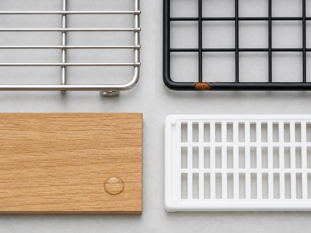 perbandingan material rak dapur stainless steel besi powder coat kayu MDF dan plastik food grade