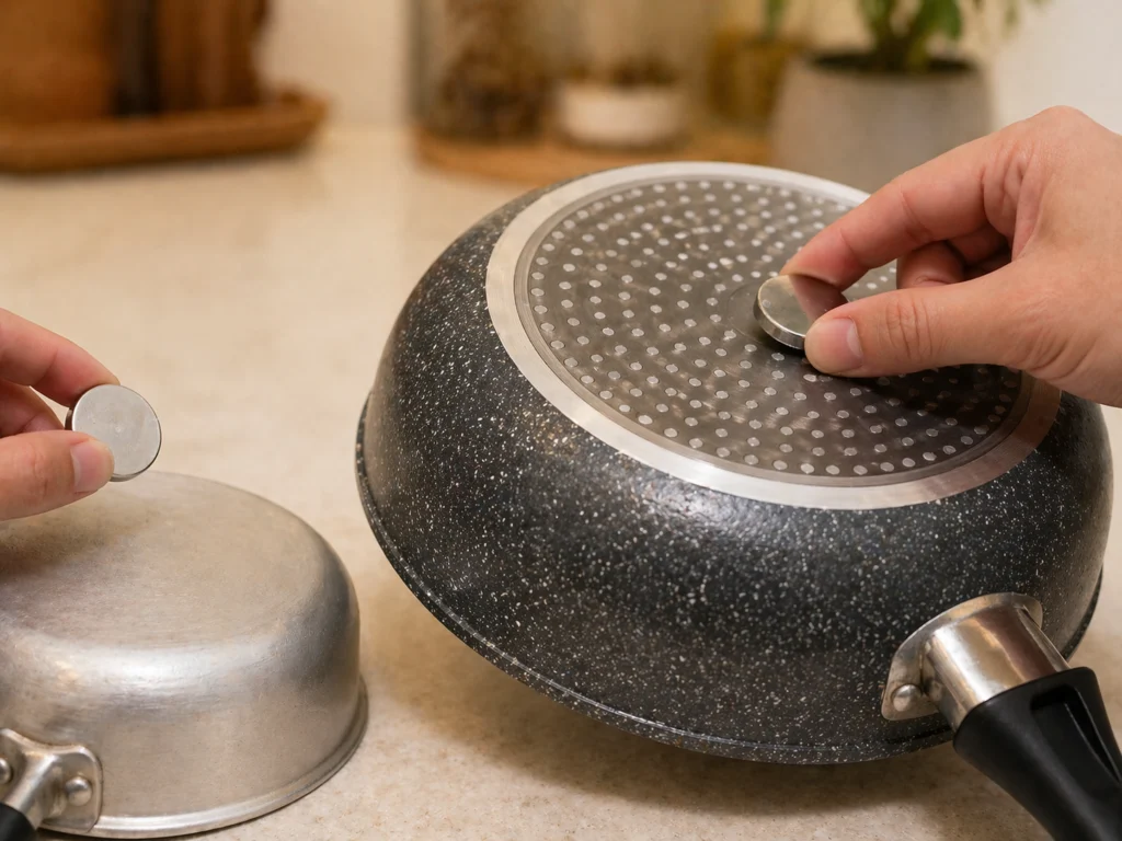 cara cek wajan kompatibel kompor induksi dengan tes magnet di dasar panci