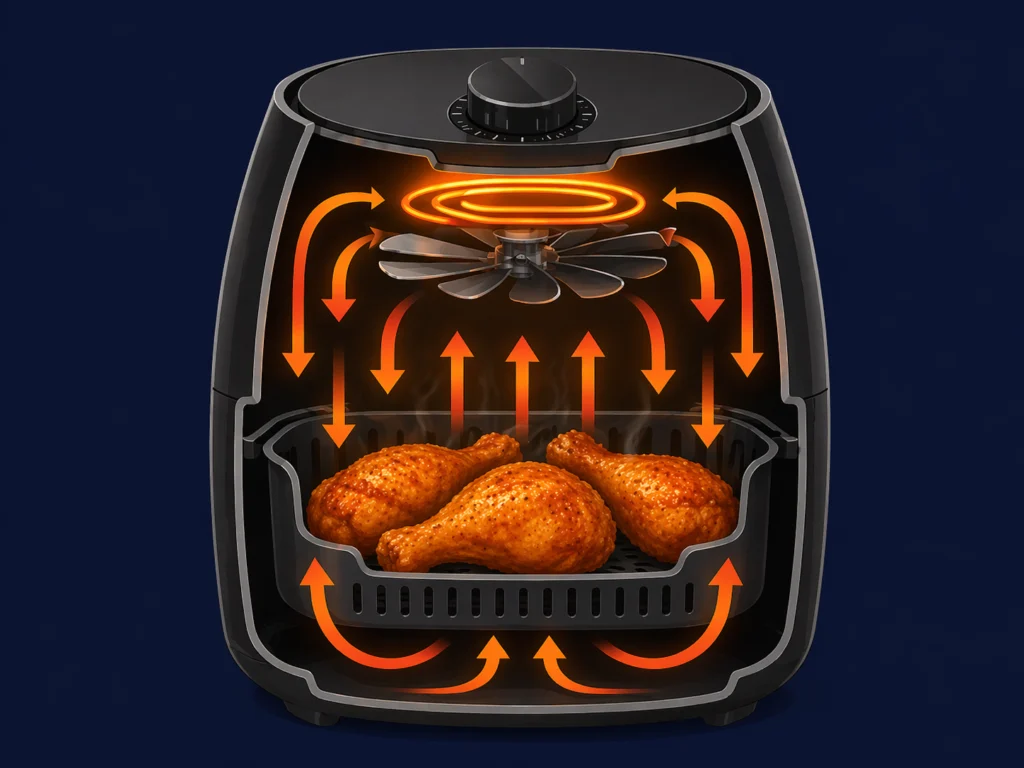 cara kerja air fryer sirkulasi udara panas 360 derajat memasak tanpa minyak