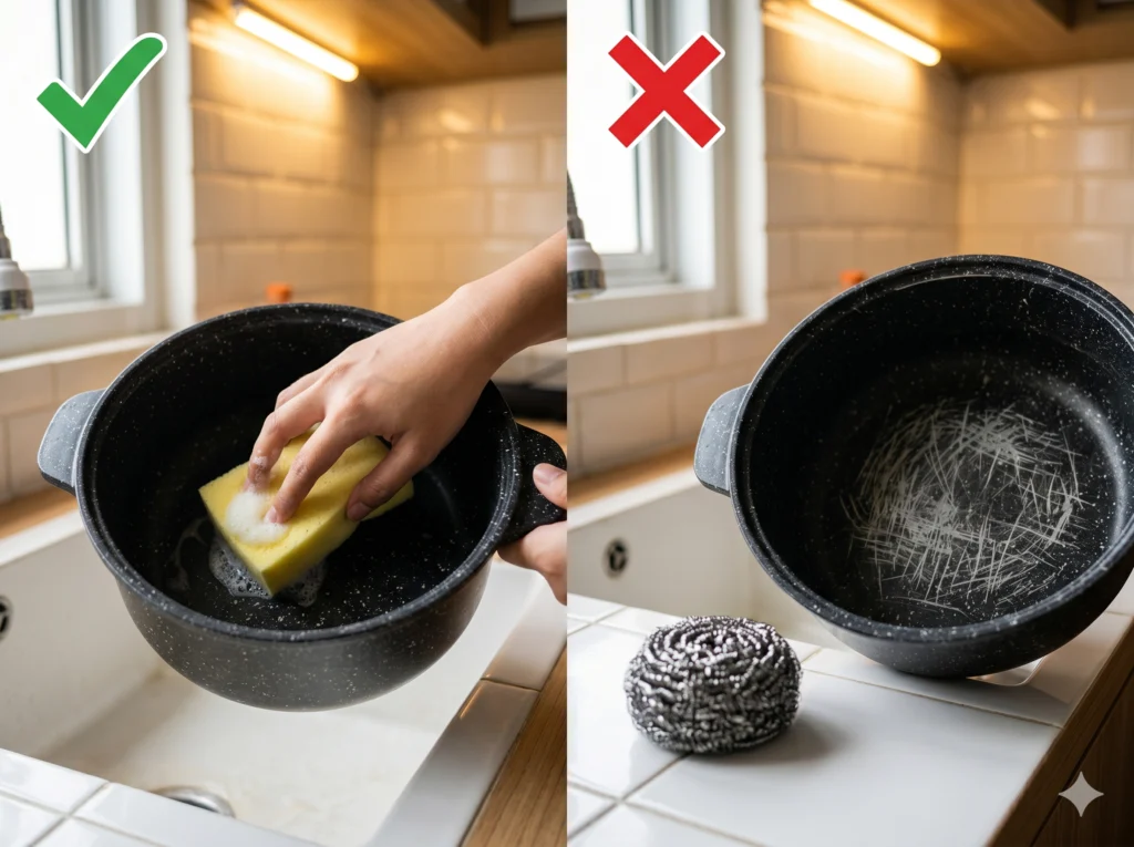 cara mencuci panci serbaguna anti lengket yang benar dengan spons lembut bukan sabut kawat