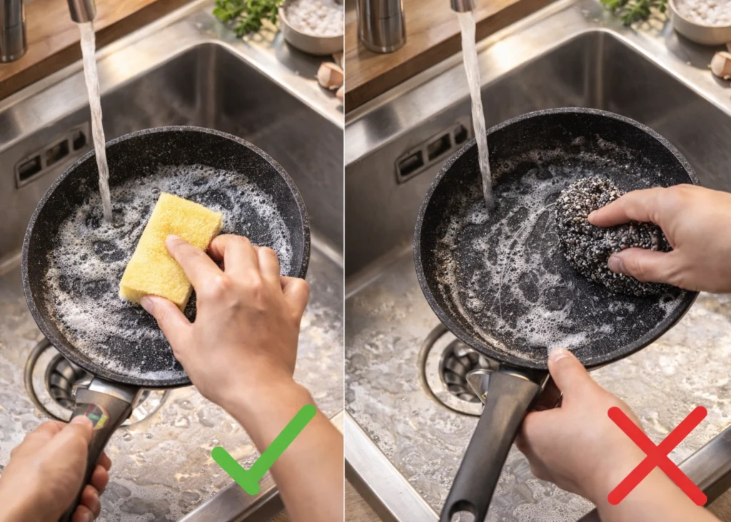 cara mencuci wajan anti lengket yang benar dengan spons lembut bukan sabut kawat