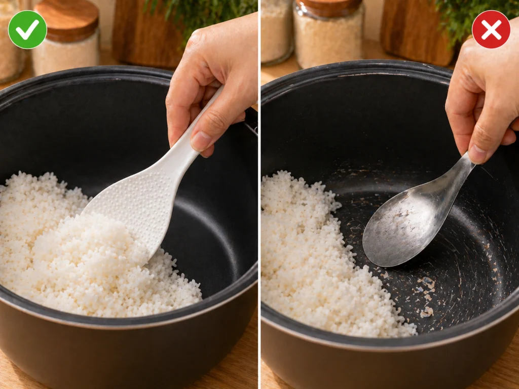 cara merawat inner pot rice cooker gunakan sendok plastik bukan sendok logam agar tidak mengelupas