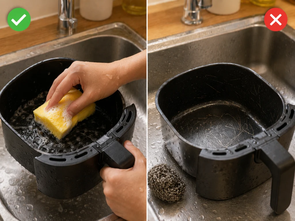 cara mencuci keranjang air fryer yang benar dengan spons lembut bukan sabut kawat agar tidak rusak