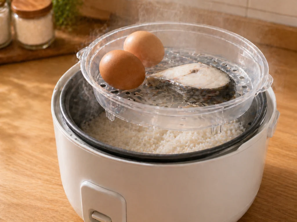 steamer tray kukusan di atas rice cooker multifungsi memasak nasi dan lauk bersamaan