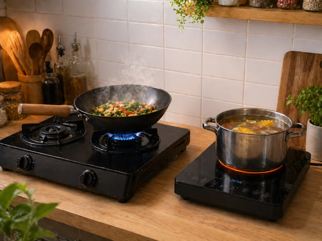 kombinasi kompor gas dua tungku dan kompor induksi portable di dapur rumah Indonesia