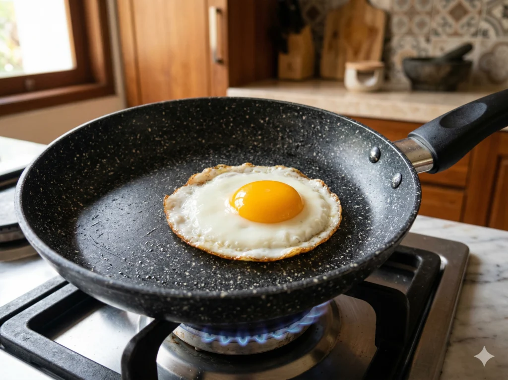 memasak telur dadar di wajan anti lengket granite tanpa minyak di atas kompor gas