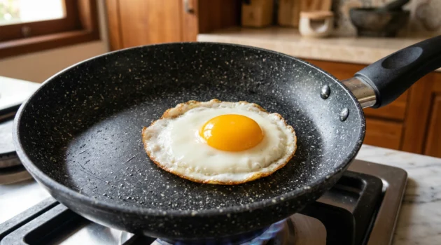 memasak telur dadar di wajan anti lengket granite tanpa minyak di atas kompor gas