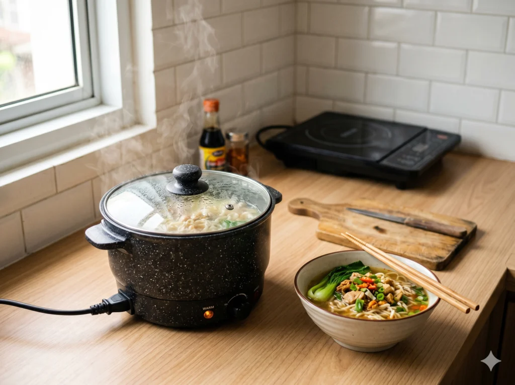 panci serbaguna listrik di dapur kecil apartemen dengan makanan sedang dimasak