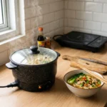 panci serbaguna listrik di dapur kecil apartemen dengan makanan sedang dimasak