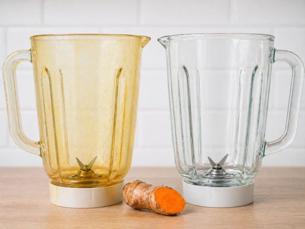 perbandingan tabung kaca vs tabung plastik blender bumbu noda kunyit menguning di plastik bersih di kaca