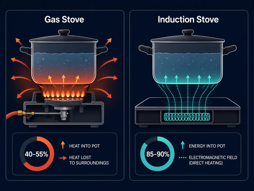 perbandingan efisiensi panas kompor gas 40 persen vs kompor induksi 90 persen diagram
