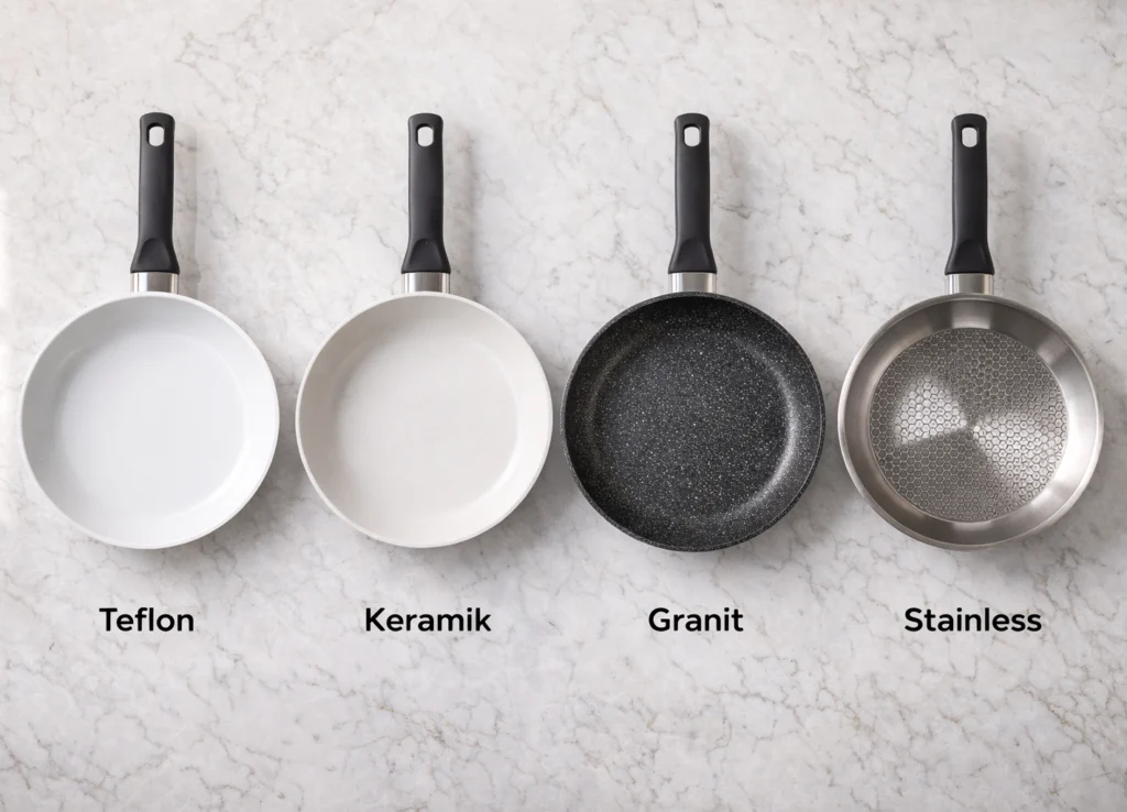 perbedaan jenis lapisan wajan anti lengket teflon keramik granit stainless steel