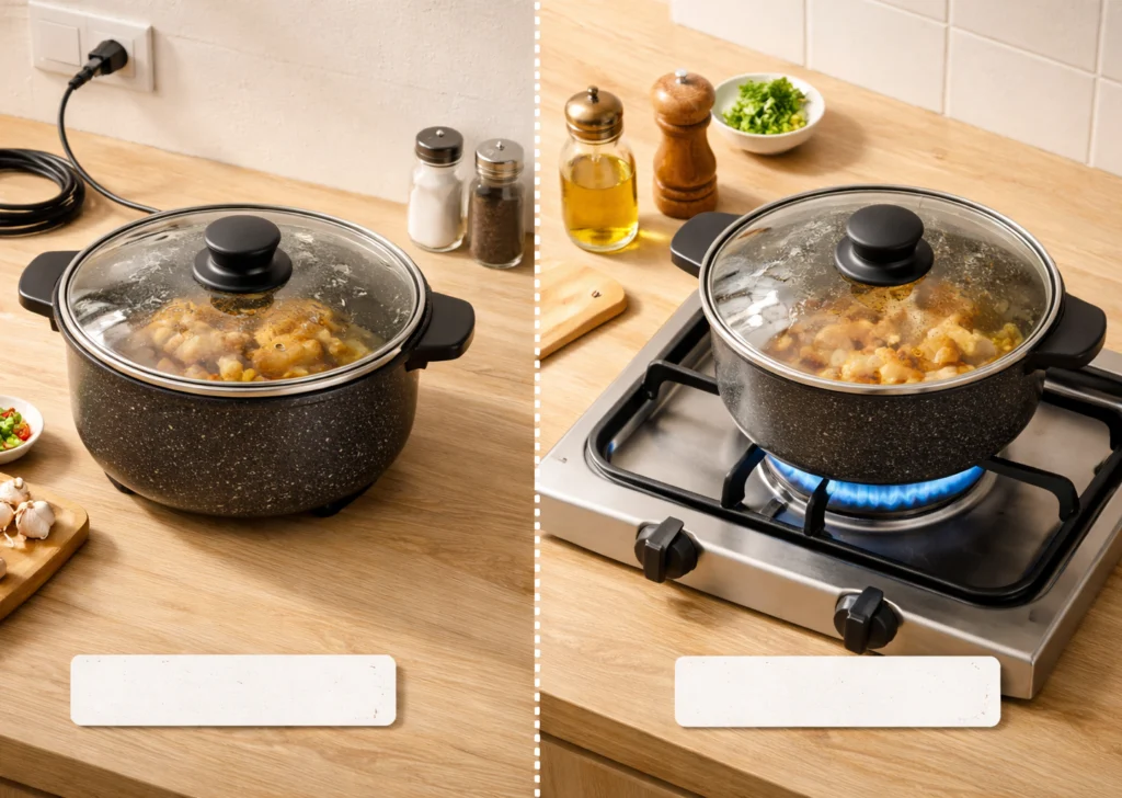perbandingan panci listrik serbaguna dan panci konvensional di atas kompor gas dapur kecil