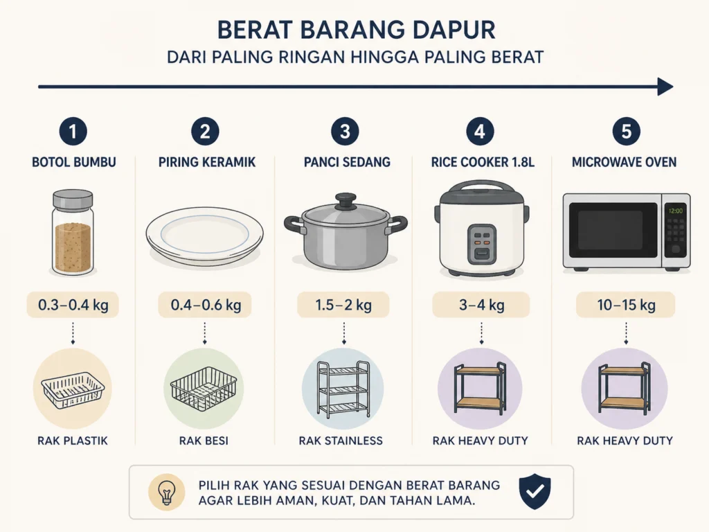panduan kapasitas beban rak dapur botol bumbu piring panci rice cooker microwave berat per item
