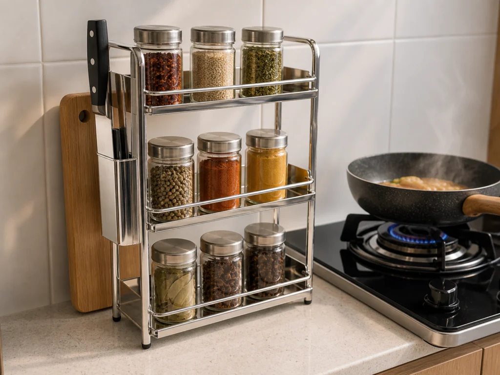 rak bumbu stainless 3 susun di samping kompor gas dapur Indonesia botol bumbu tersusun rapi