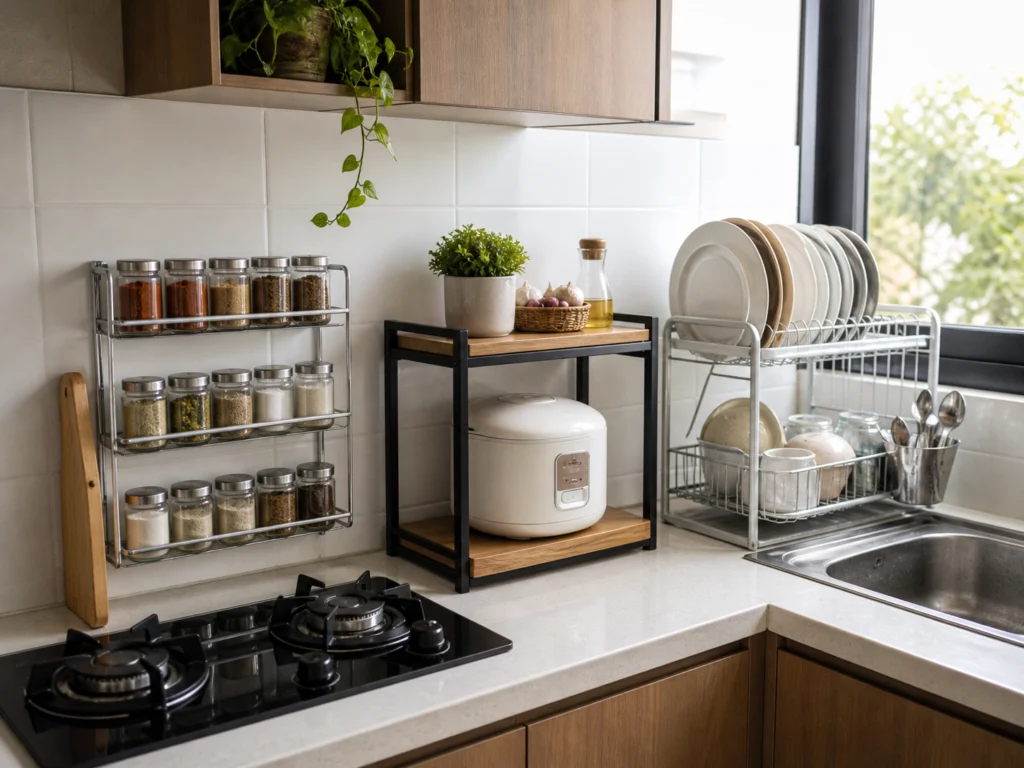 dapur kecil minimalis Indonesia rapi estetik dengan rak bumbu stainless dan rak susun kayu besi