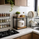 dapur kecil minimalis Indonesia rapi estetik dengan rak bumbu stainless dan rak susun kayu besi
