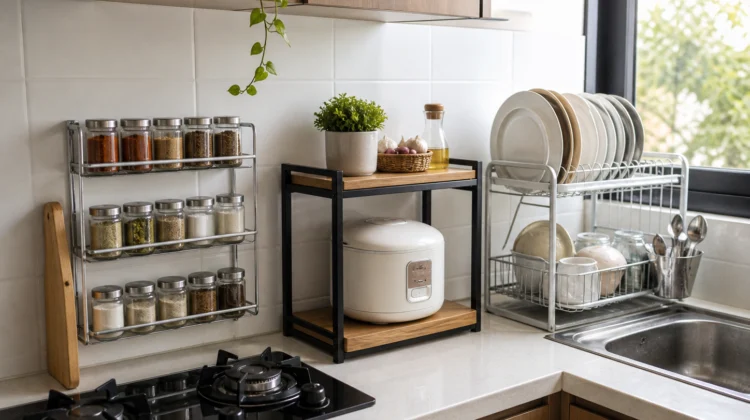 dapur kecil minimalis Indonesia rapi estetik dengan rak bumbu stainless dan rak susun kayu besi